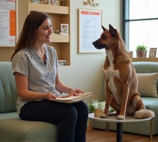 Pet nutritionist consulting a dog and cat at Bark & Whiskers