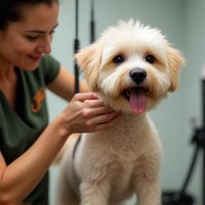 A caring groomer in action at Bark & Whiskers’ studio with a happy pup