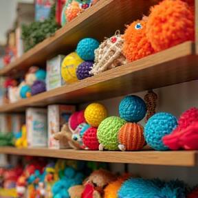 A display of premium eco-friendly dog toys at Bark & Whiskers